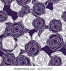 Ilustración vectorial colorida primavera con rosas violetas. Estilo de caricatura. Diseño para tela, textil, papel. Impresión de vacaciones para Pascua, cumpleaños, 8 de marzo. Flores con hojas.