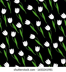 Spring colorful vector illustration with white tulips on black background. Cartoon style. Design for fabric, textile, wallpaper, posters, card, paper. Holiday floral print. Flowers with leaves.
