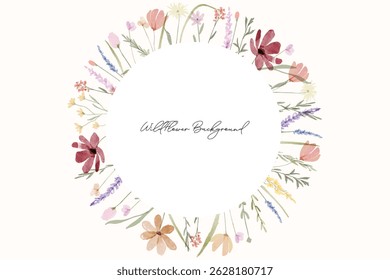 Spring colorful wildflowers watercolor botanical frame background. Spring and summer Background watercolor arrangements with small flower. Botanical illustration minimal style.
