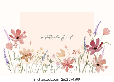 Spring colorful wildflowers watercolor botanical frame background. Spring and summer Background watercolor arrangements with small flower. Botanical illustration minimal style.