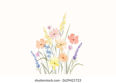 Spring colorful wildflowers watercolor botanical wreath background. Spring and summer Background watercolor arrangements with small flower. Botanical illustration minimal style.