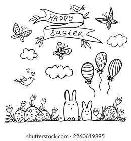 Spring coloring card - clouds, rabbit, flower, bird, easter egg, air balloons - on white background. Vector illustration. Perfect for coloring book, greeting card, print, invitation.