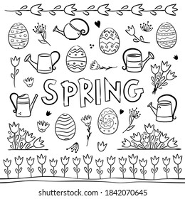 Spring coloring. Elements for seasonal calendar. Hand-drawn doodle objects isolated on white background. Vector illustration for yearbooks and calendars.
