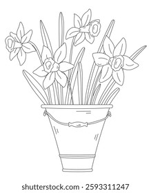 Spring Coloring Page For Adults And Kids With Daffodils In A Bucket