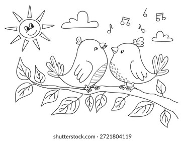 Dibujo para colorear de primavera. Pájaros en una rama disfrutando del canto y del sol