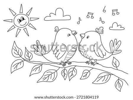 Spring coloring page. Birds on a branch enjoying singing and sun