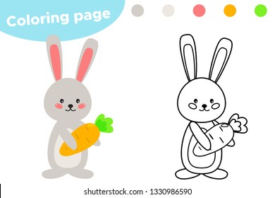 Spring coloring page, cute cartoon Easter rabbit with carrot. Educational game for preschool kids. Vector illustration.