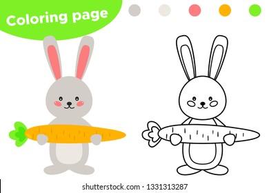 Spring coloring page, cute cartoon kawaii rabbit with big carrot. Educational game for preschool kids. Vector illustration.