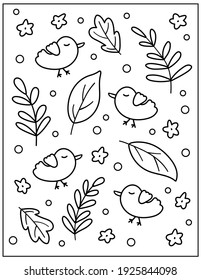 Página de coloreado primaveral con pájaros doodle, flores y hojas. Patos dibujados a mano. Ilustración del contorno del vector.