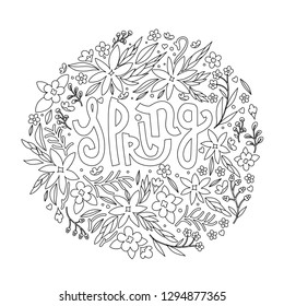 Spring coloring page with floral elements. Vector illustration of a circle which is filled with flowers and lettering.