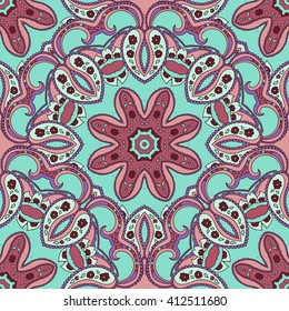 Spring colors background. Vector illustration. Seamless pattern with colorful mandala. Figure in the oriental style with traditional elements. Boho surface design