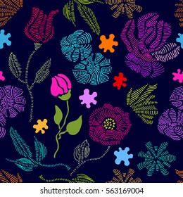 Spring colors. Floral seamless vector pattern with embroidery wildflowers. Stylized hand drawn elements. 1950s-1960s motifs. Retro textile design collection. Colorful on dark.