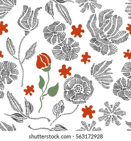 Spring colors. Floral seamless vector pattern with embroidery wildflowers. Stylized hand drawn elements. 1950s-1960s motifs. Retro textile design collection. Black, red, white.