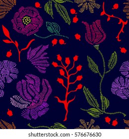 Spring colors. Floral seamless vector pattern with embroidery wildflowers and branches. Stylized hand drawn elements. 1950s-1960s motifs. Retro textile design collection. Colorful on dark.