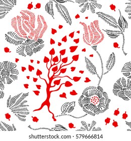 Spring colors. Floral seamless vector pattern with embroidery wildflowers and leaves. Stylized hand drawn elements. 1950s-1960s motifs. Retro textile design collection. Red, black, white.
