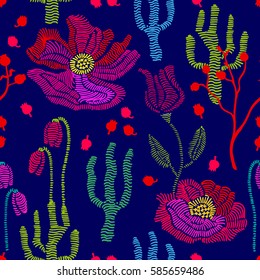 Spring colors. Floral seamless vector pattern with embroidery wildflowers and grass. Stylized hand drawn elements. 1950s-1960s motifs. Retro textile design collection. Colorful on dark