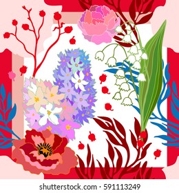 Spring colors. Silk scarf with blooming poppies and hyacinths. Abstract vector pattern with hand drawn floral elements. 1950s-1960s motifs. Retro textile design collection. Red, pink on white.