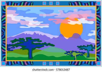 Spring colors. Silk scarf with framed landscape. Valley with mountains and cloudy sky. Green savanna.