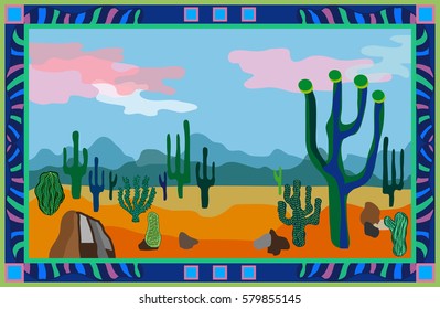 Spring colors. Silk scarf with framed landscape. Valley with mountains and cloudy sky. Desert. Day.