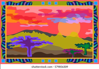 Spring colors. Silk scarf with framed landscape. Valley with mountains and cloudy sky. Sunset in savanna.