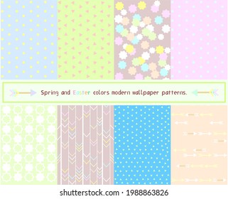 Spring colors wallpaper set. Easter colors backgrounds. Soft tones geometric patterns. Light blue dots pattern papers. Arrows pattern background. Light pink wallpaper. Baby colors.