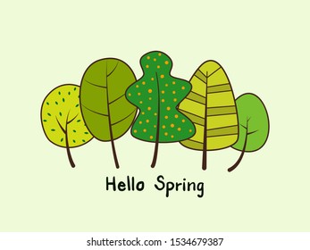 spring colourful yellow, green trees with hand writing "hello spring" element for background, banner, label, wallpaper, texture etc. vector design