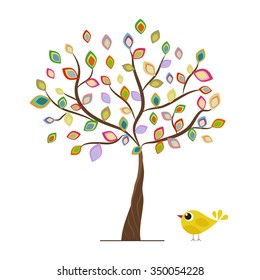 Spring is coming! Abstract colorful tree. Autumn tree. Template for greeting card with cute bird