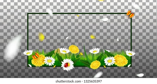 Spring is coming. Abstract frame with spring flowers. Vector background with spring flowers, falling petals and blurred transparent elements - Vector
