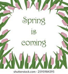 Spring is coming backdrop with hand drawn lilac tulips. Spring, 8 march, wedding invitation, birthday background, framing