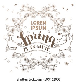 Spring is coming background. Outlined vintage blossoms and leaves on tree branches in sepia. Hand-written brush lettering.