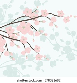 Spring is coming background tree with blossom flowers. Vector spring background. cherry blossoms on tree branches. Blue serenity color