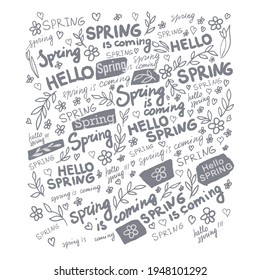 Spring is coming, banner with inscriptions and blooming flowers, simple design with text. Seasonal celebration and greeting, springtime season blossom of plants and flora. Vector in flat style
