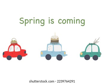 Spring is coming banner with red blue and green cars