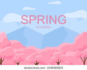 La primavera viene en Anuncio. Textura de moda. Vocación de temporada, fin de semana, logotipo de vacaciones. Fondo de pantalla de primavera. Feliz día de primavera. Texto de letras de Vector de primavera. Estilo de moda. Vector de flores.