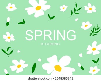 La primavera viene en Anuncio. Textura de moda. Vocación de temporada, fin de semana, logotipo de vacaciones. Fondo de pantalla de primavera. Feliz día de primavera. Texto de letras de Vector de primavera. Estilo de moda. Vector de flores.