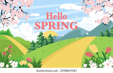 Spring is coming banner. Trendy texture. Season vocation, weekend, holiday logo. Spring Time Wallpaper. Happy spring Day. Spring vector Lettering text. Fashionable styling. Flower vector.