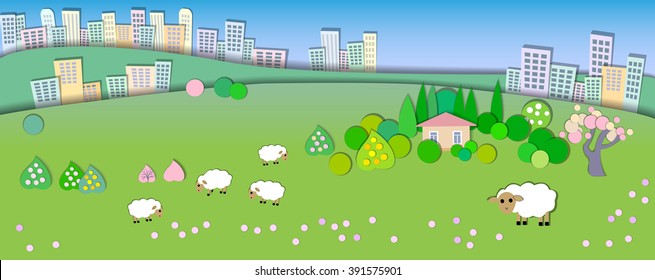 Spring is coming.The beginning of spring.Concept change of seasons.Globe concept showing a peaceful and idyllic lifestyle.Paper cut style.Big city in the distance.House in the village,sheep grazing