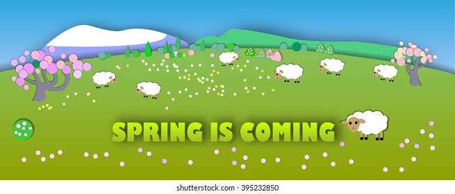 Spring is coming.The beginning of spring.Concept change of seasons.Paper cut style.Green spring meadow with blossoming tree, banner. Sheep on pastures