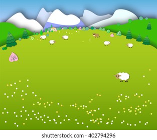 Spring is coming.The beginning of spring.Concept change of seasons.Globe concept showing a peaceful and idyllic lifestyle.Paper cut style.Flat Landscape Illustration with smooth shadows