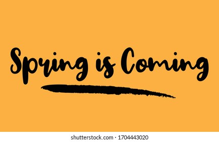 Spring is Coming Calligraphy Handwritten Lettering for posters, cards design, T-Shirts. on Yellow Background