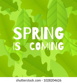 Spring is coming card design with paper cut leaves.