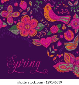 Spring coming card. Floral background, spring theme, greeting card. Template design can be used for packaging,invitations, Valentine's Day decoration,bag template, print for packet, cup.