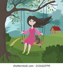 Spring is coming card. Girl and nostalgia. A girl and cat on a swing. Best time poster. Nostalgia for the homeland. A woman remembers her childhood. Colored flat vector illustration