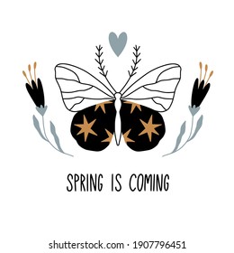 Spring is coming. Card, poster with butterfly. Star and floral doodles. Decorative insect with leaves and flowers. Print design for card, t-shirt. Vector hand drawn flat cute illustration