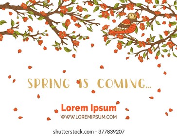 Spring is coming card. Red blossoms and bird on tree branches. Falling petals. Hand-written brush lettering. There is place for your text here.