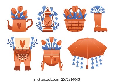 Spring is coming. Collection of cute vector cliparts with typewriter among flowers, boots, basket with tulips, backpack with spring flowers, teapot, lantern, umbrella. Romantic naive style. Stickers.