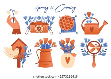 Spring is coming. Collection of cute vector illustrations with spring flowers, plants, pie, vase with bouquet, watering can, birdhouse and white bird, hand holding snowdrop, camera, magnifying glass.