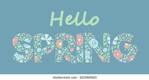 Spring is coming - colourful text with cute hand drawn flowers. Vector.
