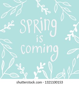 Spring is coming. Spring concept, contour white branches and leaves. White inscription in the center on the ultraviolet background.Eps10