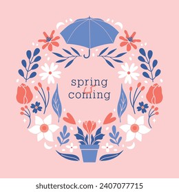 Spring is coming concept. Square banner template with round frame of cute illustrations of leaves, plants, flowers, daffodil, hearts, umbrella, typography. Vector card design in flat cartoon style.